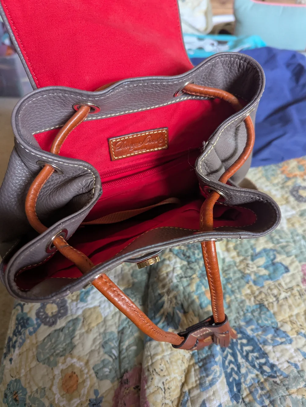 Dooney & Bourke Gray Pebbled Leather Tassel Drawstring Backpack with Brown Trim